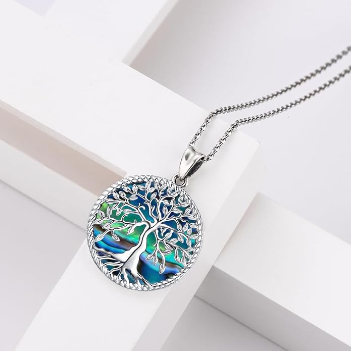 Aniu Tree of Life Necklace for Women, 925 Sterling Silver Mother of Pearl Family Palm Tree Charm Pendant Jewelry for Birthday Christmas Gift