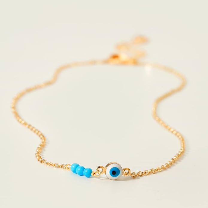 Gold Dainty Turquoise Anklet for Women,14K Gold Plated Cute Tiny Beaded Evil Eye Boho Beach Foot Chain Ankle Bracelet for Women on Summer
