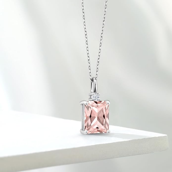 Gem Stone King 925 Sterling Silver Gemstone Birthstone Pendant Necklace for Women | Emerald Cut 10X8MM and Round 2MM | With 18 Inch Chain | Fine Jewelry for Her Mom Wife