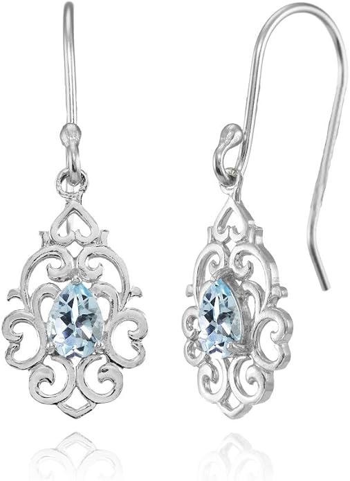 Sterling Silver Genuine or Created Gemstone Filigree Heart Teardrop Dangle Earrings