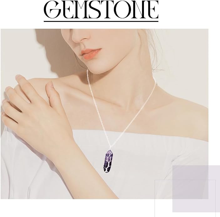 Healing Crystal Stone Necklace Silver Tree Of Life Wire Wrapped Raw Gemstone Hexagonal Prism Pointed Crystal Pendant Necklace Reiki Spiritual Quartz Gemstone Jewelry
