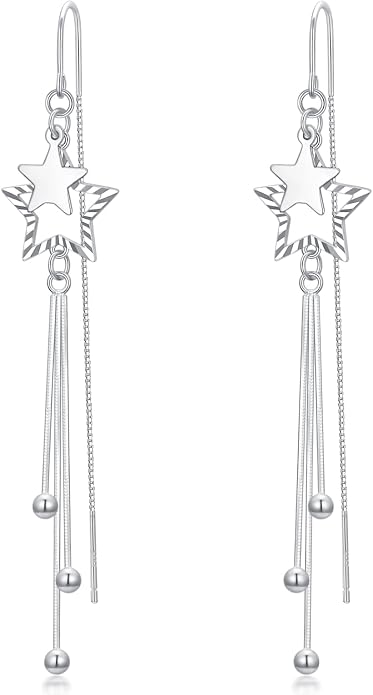 VONALA Moon Star Threader Earrings Sterling Silver Long Earrings for Women Hypoallergenic Tassel Chain Earrings for Teen Girls