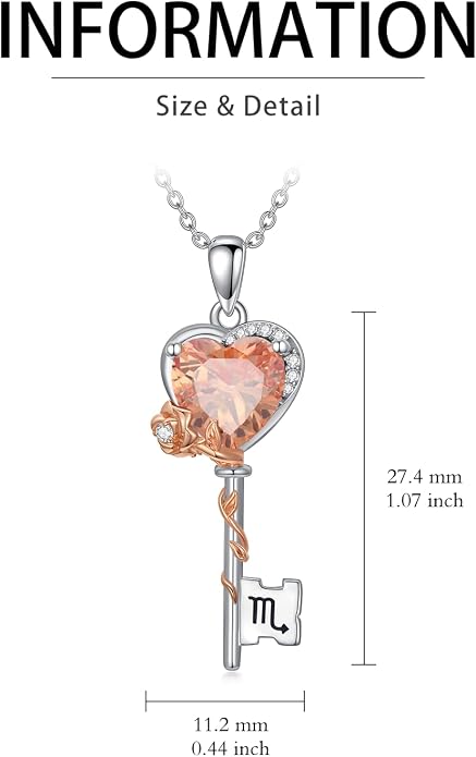 OCJ Zodiac Necklace for Women 925 Sterling Silver Rose Flower Key Pendant Necklaces Zodiac Birthstone Jewelry Wife Birthday Anniversary Christmas Gifts for Her