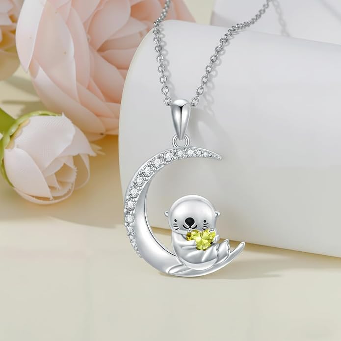 PROESS Animal Birthstone Necklace 925 Sterling Silver Otter/Axolotl/Hippo/Elephant/Dachshund/Monkey/Red Panda Pendant Necklace Animal Birthstone Jewelry Gifts for Women