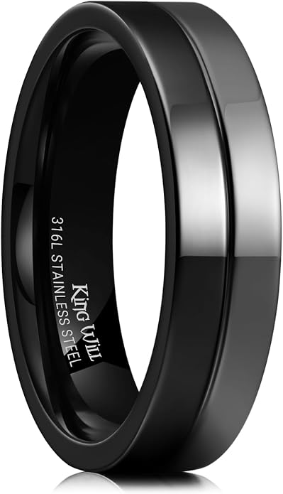 King Will 316L Stainless Steel Men's Wedding Band – 6/8 mm Dual-Tone Wedding Ring Polished Finish with Gold/Black Steel Plating, Fashionable and Durable Stainless Steel Men's Ring Size 7-14