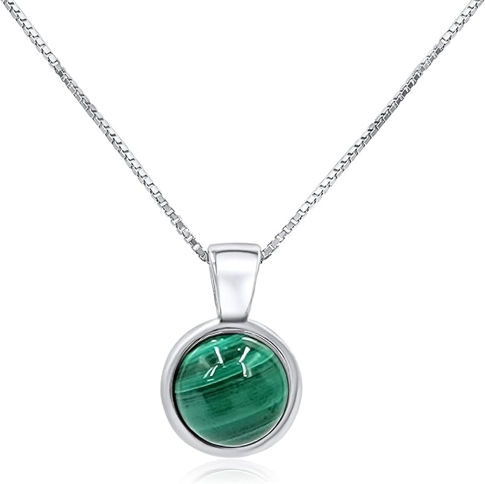 Natural gemstone 8mm round pendant with white gold over 925 sterling silver bezel cabochon plate and box chain, real genuine dainty birthstone gift for her, uniquelan jewelry