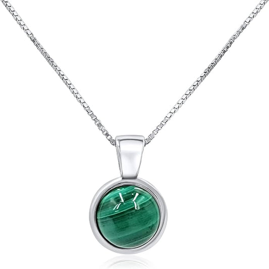 Natural gemstone 8mm round pendant with white gold over 925 sterling silver bezel cabochon plate and box chain, real genuine dainty birthstone gift for her, uniquelan jewelry