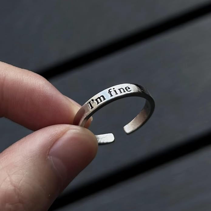 I'M Fine Save Me Silver Ring for Women, Inspirational Adjustable Open Anxiety Relief Fidget Hidden Birthday Jewelry Gift