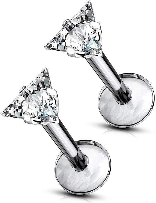 Forbidden Body Jewelry 16 g Titanium Internally Threaded CZ Triangle Flat Back Piercing Stud Earring, Helix, Cartilage, Labret, Monroe for Women or Men
