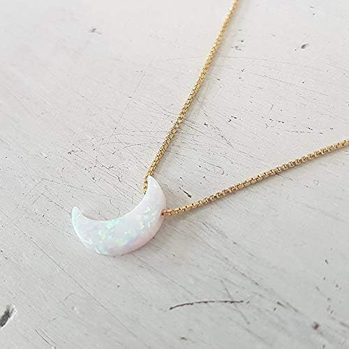 AVNIS White Opal Moon Necklace Crescent Moon Choker Jewelry, Dainty Box chain Length 16+2 Inches extender Gift for Girl Women