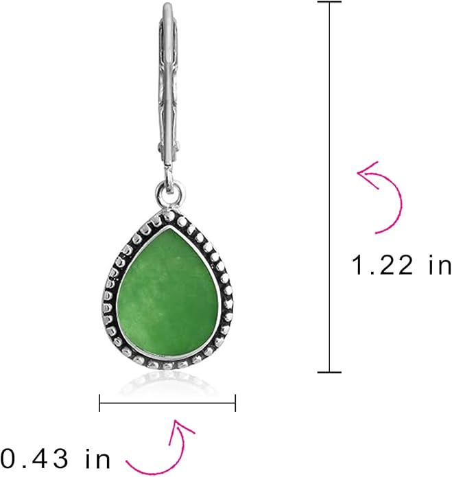 Bling Jewelry Boho Western Style Milgrain Setting Semi Precious Gemstones Lapis Turquoise Jade Onyx Quartz Pear Shaped Teardrop Lever Back Dangle Drop Earrings Teen Oxidized .925 Sterling Silver