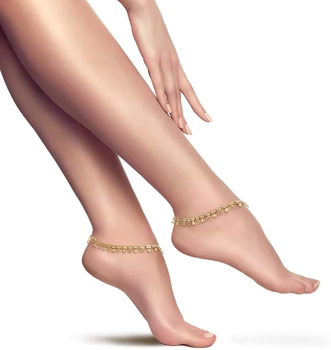Duel On Jewel Gold Payal Set for Women, Indian Paayal Jhanjar Chain Anklets with Bell Detail, Foot Jewelry Pair, 10 Inch Comfort Fit, Traditional & Dainty Styles for Wedding Beach Everyday Gift