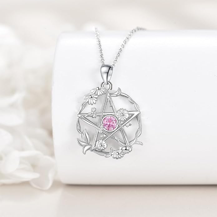 Birthstone Pentagram Necklace for Women 925 Sterling Silver Pentacle Daisy Pendant Pentacle Jewelry Birthday Gifts