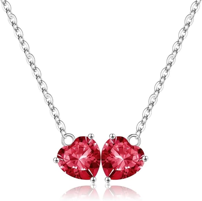 Iefil 1.25Ct Double Heart Birthstone Necklace - 925 Sterling Silver Birthstone Necklace, Birthday Gifts for Women, Jewelry Gifts for Mom Daughter Wife