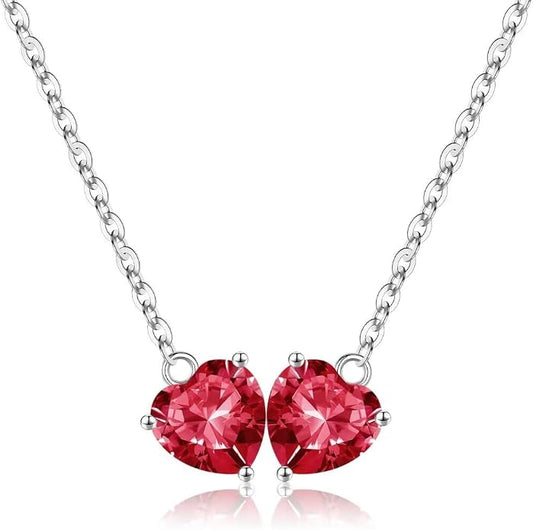 Iefil 1.25Ct Double Heart Birthstone Necklace - 925 Sterling Silver Birthstone Necklace, Birthday Gifts for Women, Jewelry Gifts for Mom Daughter Wife