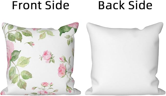 Pink Roses Throw Pillow Covers Blooming Floral Set of 4 Vintage Countryside Small Flower Green Leaves Linen Square Pillowcases for Couch Sofa Bedroom Patio Farmhouse Chair 22x22 Inch