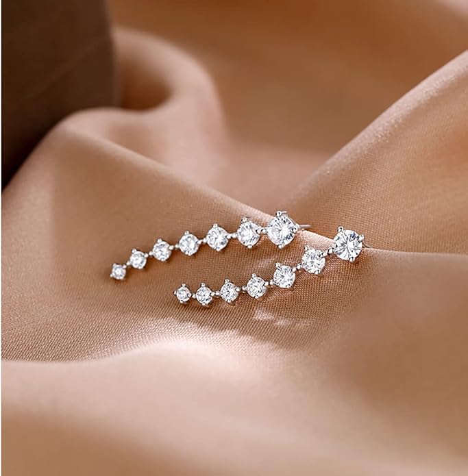 Reffeer Solid 925 Sterling Silver 7 Crystals Cuff Earrings Climber for Women Crawler Earrings Wraps