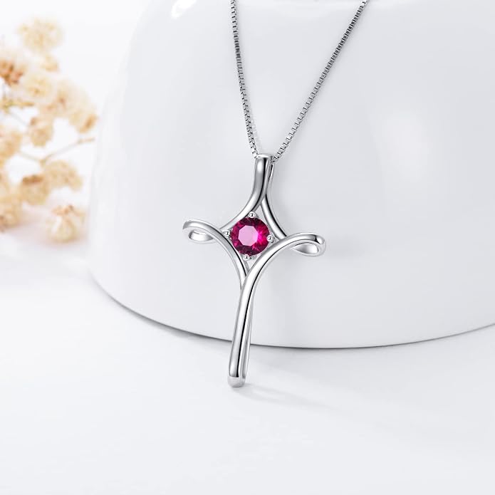 TOUPOP Cross Necklace for Women 925 Sterling Silver Birthstone Cross Pendant Fine Jewelry Anniversary Birthday Mothers Day Gifts for Mom Wife Her