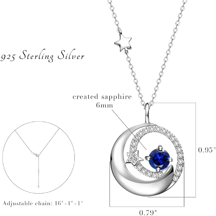 FANCIME Birthstone Necklaces 925 Sterling Silver Moon and Star Pendant Fine Jewelry Birthday Mothers Day Gifts for Mom Wife Her Daughter, Adjustable Chain 16+2"