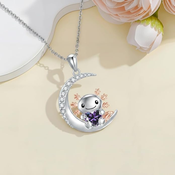 PROESS Animal Birthstone Necklace 925 Sterling Silver Otter/Axolotl/Hippo/Elephant/Dachshund/Monkey/Red Panda Pendant Necklace Animal Birthstone Jewelry Gifts for Women