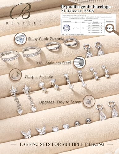 BESTEEL Hypoallergenic Flat Back Earrings for Women - 14K Gold Plated Surgical Stainless Steel Earring Stacks Set Small Stud & Hoop for Cartilage Helix Tragus Piercing Jewelry 20G