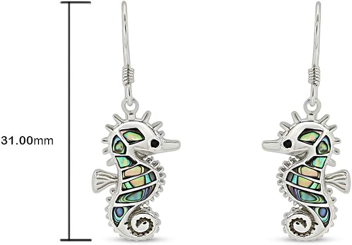 Abalone Shell Animal Dangle Earrings for Women (Kiwi Bird, Cat, Seahorse) in 14K White Gold Over 925 Sterling Silver, Iridescent Fishhook Drop Jewelry Gift