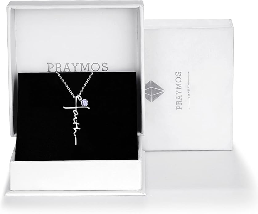 PRAYMOS Faith Cross Necklace for Women 925 Sterling Silver Pendant Necklace With Birthstone Initial Christian Religious Confirmation Baptism Mothers Day Gifts