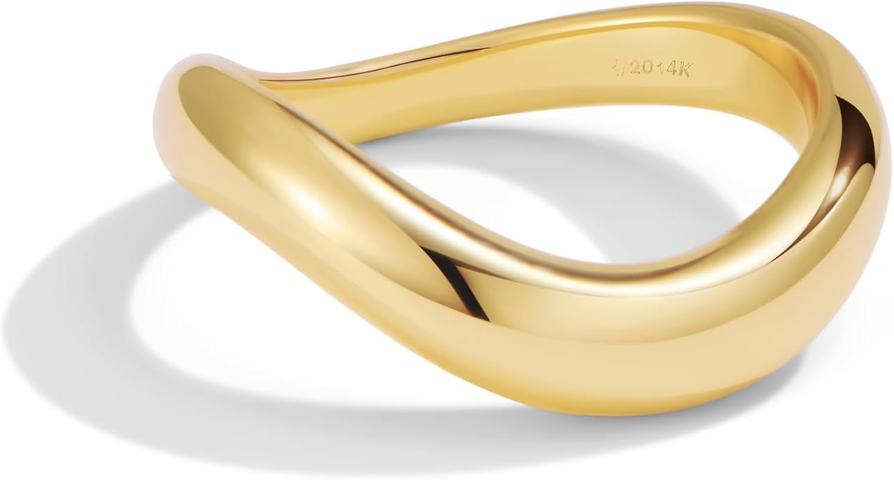 NOKMIT Chunky Wavy Dome Rings for Women, 14K Gold Filled Thick Curved Band | Statement Bold Wave Band | Stackable Thumb Ring | Hypoallergenic & Non-tarnish | Comfort Fit Size 6-10