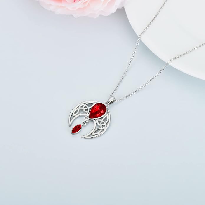 AOBOCO Sterling Silver Celtic Crescent Moon Goddess Pendant Irish Good Luck Necklace with Birthstone Crystal, Celtic Moon Jewelry Gift for Women Mom Wife