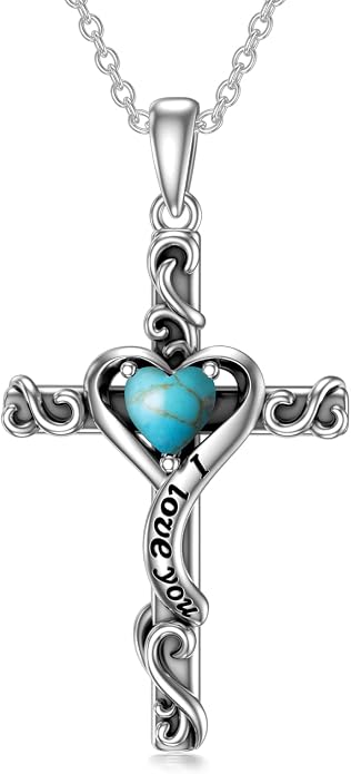 TOUPOP Cross Birthstone Necklace for Women 925 Sterling Silver Heart Cross Pendant I Love You Jewelry Anniversary Birthday Mothers Day Gifts for Mom Wife Her