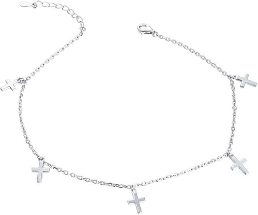 Anklet for Women S925 Sterling Silver Beach Style Foot Layered Adjustable Ankle Bracelet Disc Evil Eye Heart Infinity Bead Cross Jewelry