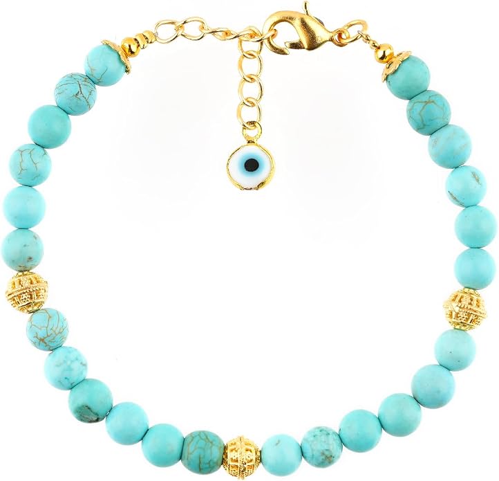 AAA Grade Natural Gemstone Beaded Bracelet, 14K Gold Plated with Evil Charm, Wicca & Reiki Healing Crystals, Handmade Bohemian Jewelry, Christmas Gift for Women (7+1inch)