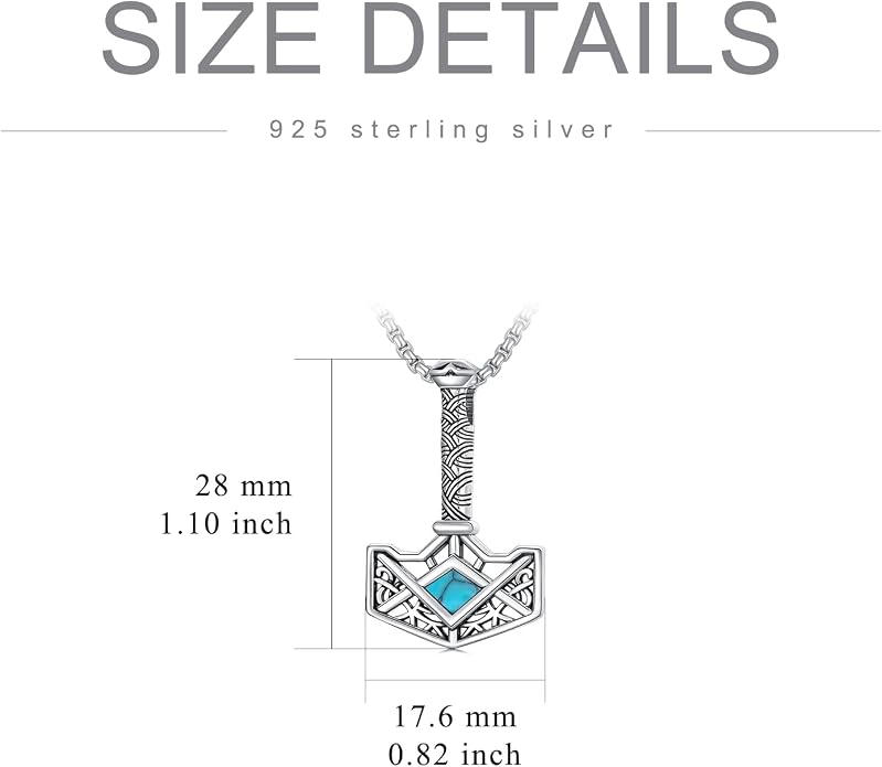 PELOVNY Thor Hammer Necklace 925 Sterling Silver Turquoise/Snake Pendant Viking Jewelry for Anniversary Birthday Christmas Gifts Men Women
