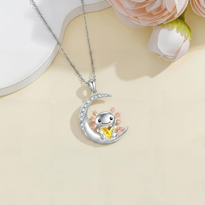 PROESS Animal Birthstone Necklace 925 Sterling Silver Otter/Axolotl/Hippo/Elephant/Dachshund/Monkey/Red Panda Pendant Necklace Animal Birthstone Jewelry Gifts for Women