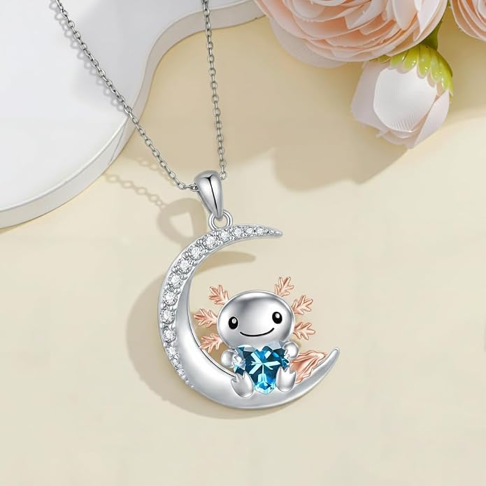 PROESS Animal Birthstone Necklace 925 Sterling Silver Otter/Axolotl/Hippo/Elephant/Dachshund/Monkey/Red Panda Pendant Necklace Animal Birthstone Jewelry Gifts for Women