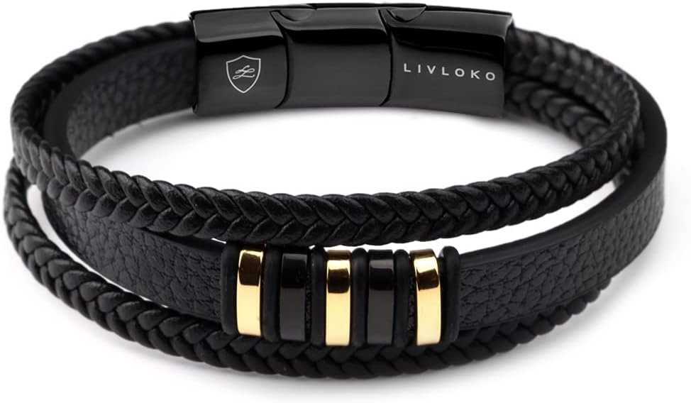 LONDON Mens Bracelet Leather Black Multi-Layer Stone Beads Adjustable Steel Clasp Viking Rope Bands Surfer Man Wristband Male UK Jewellery Gift box Boyfriend Dad Son Brother Tiger Eye