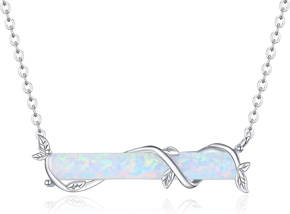 Bar Opal Leaf Necklace For Women S925 Sterling Silver White Opal Pendant with Leaf Charm Bar Pendant Jewelry Gift For Mom Daughter Wife