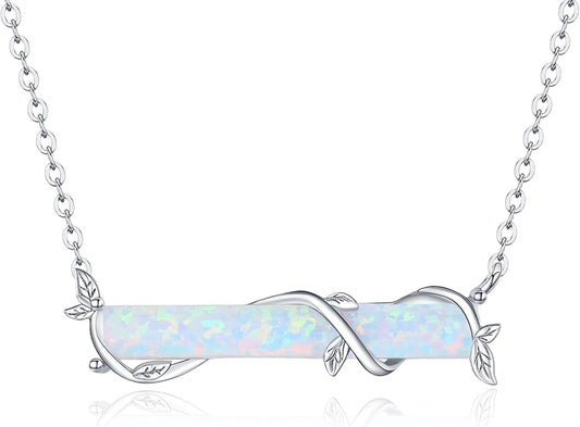 Bar Opal Leaf Necklace For Women S925 Sterling Silver White Opal Pendant with Leaf Charm Bar Pendant Jewelry Gift For Mom Daughter Wife