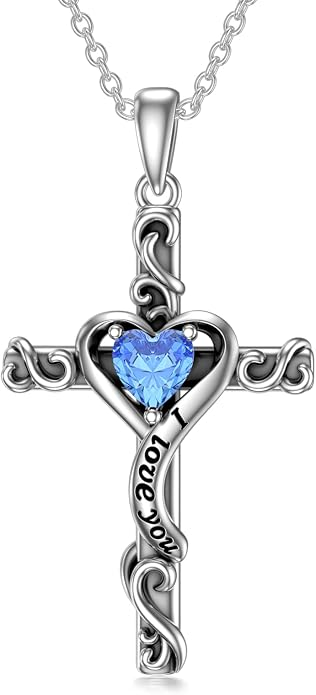 TOUPOP Cross Birthstone Necklace for Women 925 Sterling Silver Heart Cross Pendant I Love You Jewelry Anniversary Birthday Mothers Day Gifts for Mom Wife Her