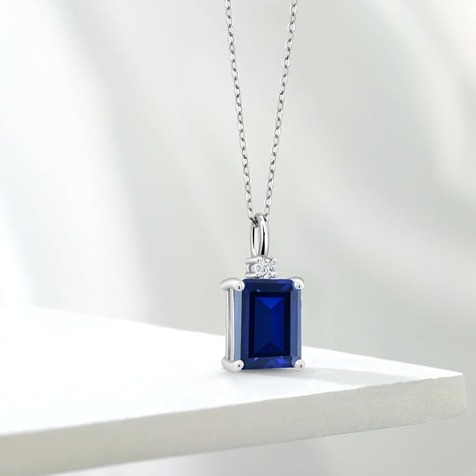 Gem Stone King 925 Sterling Silver Gemstone Birthstone Pendant Necklace for Women | Emerald Cut 10X8MM and Round 2MM | With 18 Inch Chain | Fine Jewelry for Her Mom Wife