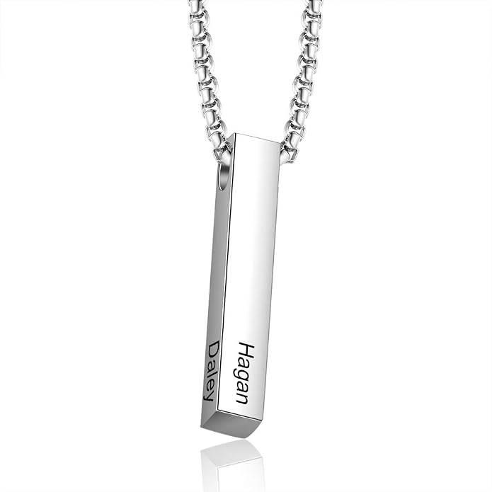 Personalized Men's Name Bar Necklace Engraved Initial Name Stainless Steel Vertical Bar Necklace for Father Husband Boyfriend Birthday