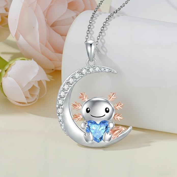 PROESS Animal Birthstone Necklace 925 Sterling Silver Otter/Axolotl/Hippo/Elephant/Dachshund/Monkey/Red Panda Pendant Necklace Animal Birthstone Jewelry Gifts for Women