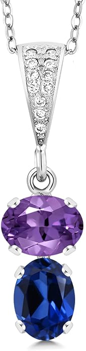 Gem Stone King 2-Stone Gemstone Birthstone Pendant Necklace for Women in 925 Sterling Silver | Oval 8x6MM | 18 Inch Silver Chain | Fine Jewelry for Her Mom Wife