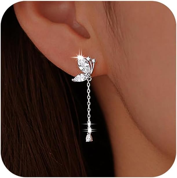 925 Sterling Silver Tassel Chain Dangle Earrings for Women Sparkling Long Fringe Dangle Drop Earrings Bling Line Minimalist Wedding Studs Earring Jewelry Birthday Christmas Gifts for Her