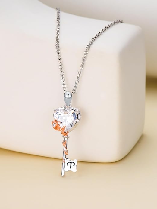 OCJ Zodiac Necklace for Women 925 Sterling Silver Rose Flower Key Pendant Necklaces Zodiac Birthstone Jewelry Wife Birthday Anniversary Christmas Gifts for Her