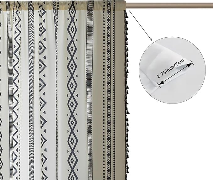 Black Geometric Curtains 63 Inches Long, Boho Farmhouse Light Filtering Rod Pocket Drapes with Tassel Trim for Bedroom Living Room, 2 Panels
