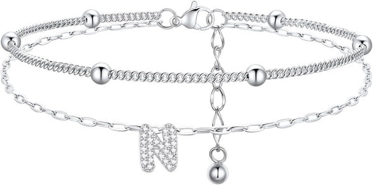 FindChic Silver/14K Gold Plated Layered CZ Initial Ankle Bracelet for Women | Waterproof Stainless Steel, Cubic Zirconia Letter Charm, Non-Tarnish, Hypoallergenic, Adjustable Extender, Summer Jewelry