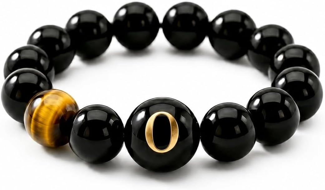 Initial Ring for Women, Black Onyx Beaded Stretch Letter Ring | Personalized-style A-Z initial ring with black onyx beads, shell letter bead, stretch fit, and gift-ready box