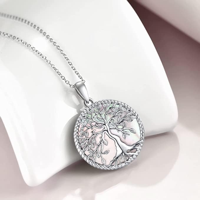 Aniu Tree of Life Necklace for Women, 925 Sterling Silver Mother of Pearl Family Palm Tree Charm Pendant Jewelry for Birthday Christmas Gift