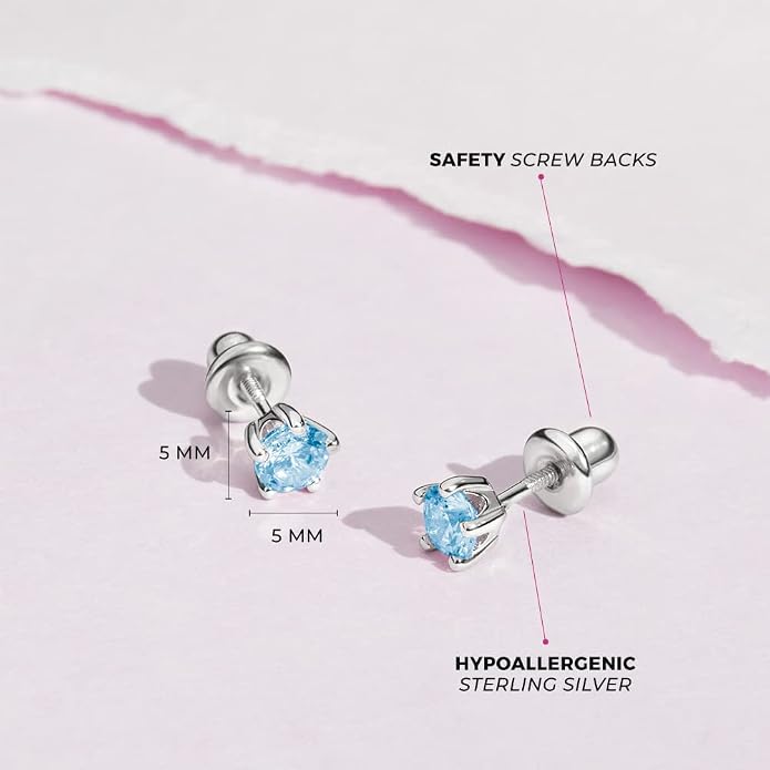 In Season Jewelry Solitaire Simulated Birthstone Kids Earrings - 925 Sterling Silver Hypoallergenic Earrings for Girls with Secure Screw Backs - Safe & Comfortable for Kids & Little Girls